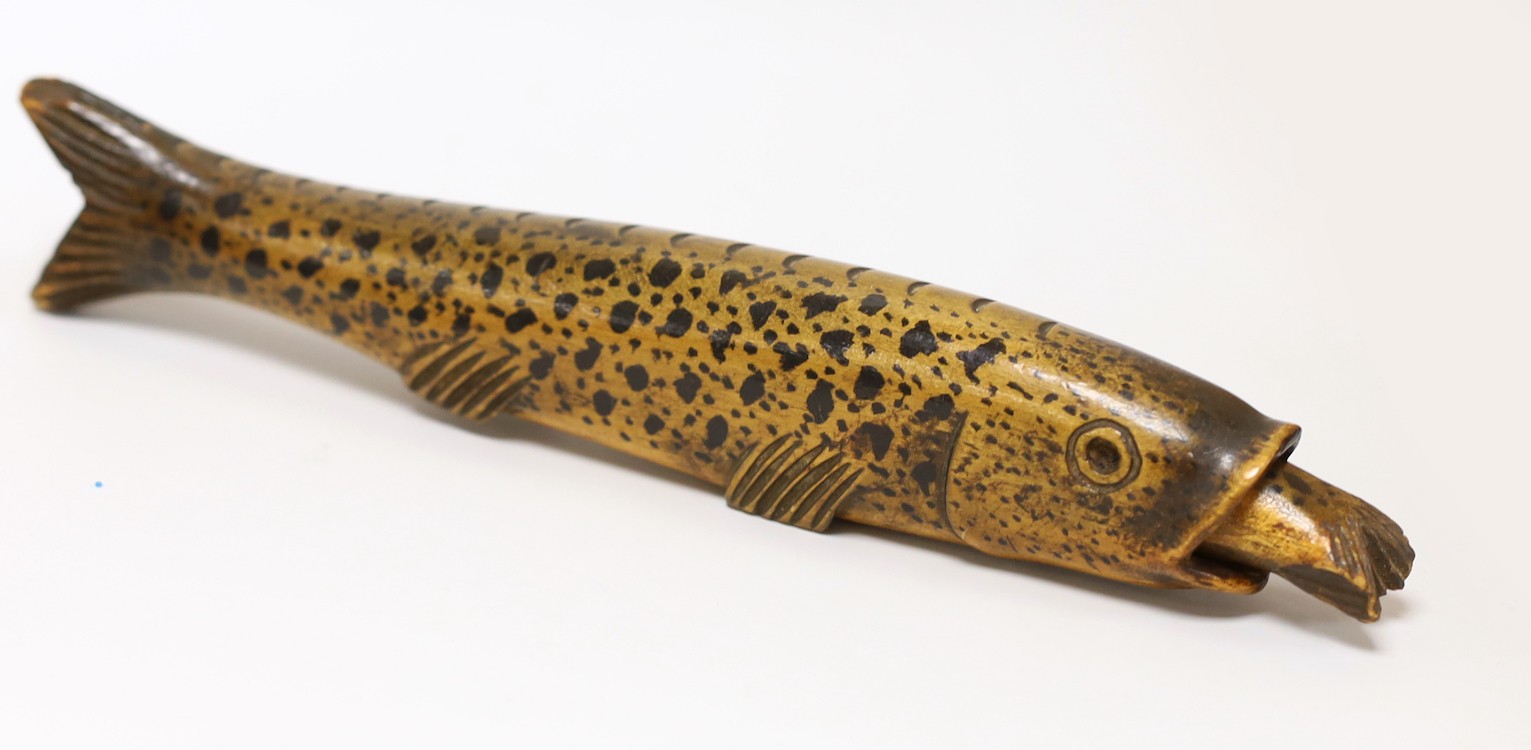 A 19th century treen flask with stopper, modelled as a rainbow trout, 26.5cm.